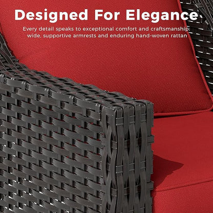7 Pieces Patio Conversation Furniture Set - 1 Sofa, 2 Armchairs, 2 Ottomans, 2 Swivel Chairs, Outdoor Wicker Furniture with Removable Cushions for Porch, Balcony, Sunroom (Red)