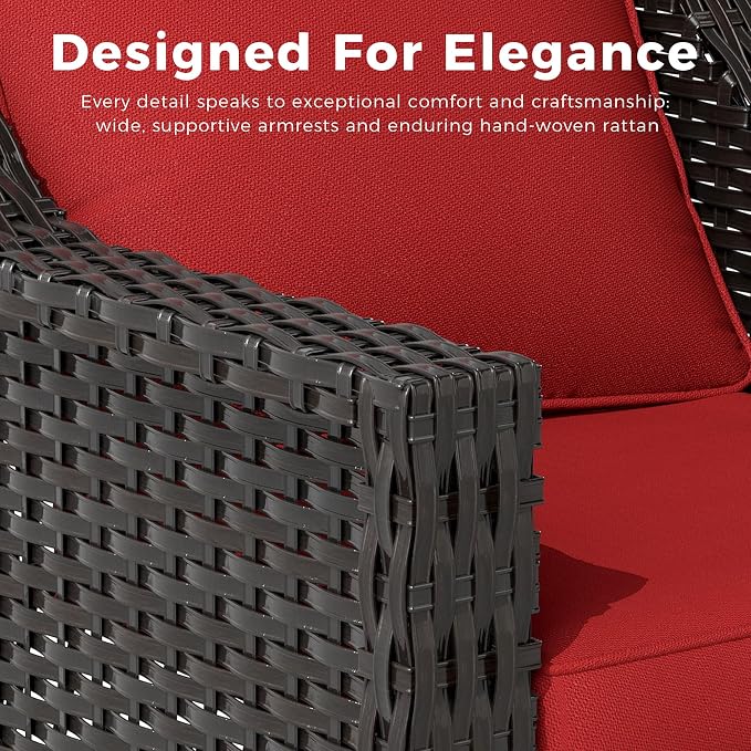 3 Pieces Patio Conversation Furniture Set - 2 Swivel Chairs, 1 Side Table, Outdoor Wicker Rocking Glider Armchairs with Washable and Water-Resistant Cushions for Porch, Balcony (Red)