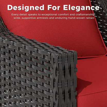 3 Pieces Patio Conversation Furniture Set - 2 Swivel Chairs, 1 Side Table, Outdoor Wicker Rocking Glider Armchairs with Washable and Water-Resistant Cushions for Porch, Balcony (Red)