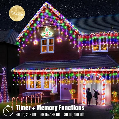 Joomer 19FT Christmas Icicle Lights Outdoor Connectable Multicolor | 30 Drops 8 Modes Timer Waterproof Plug-in String Light for Christmas Party, holiday Eaves Roof yard Xmas Decorations