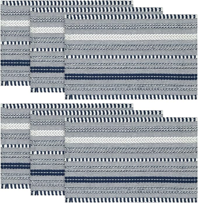 Artoid Mode Dark Blue Farmhouse Woven Braided Stripe Placemats Set of 6,12x18 Inch Seasonal Holiday Table Mats Party Kitchen Dining Decoration