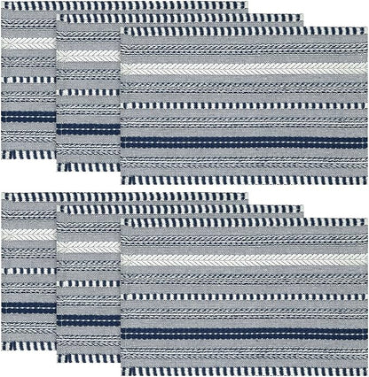 Artoid Mode Dark Blue Farmhouse Woven Braided Stripe Placemats Set of 6,12x18 Inch Seasonal Holiday Table Mats Party Kitchen Dining Decoration