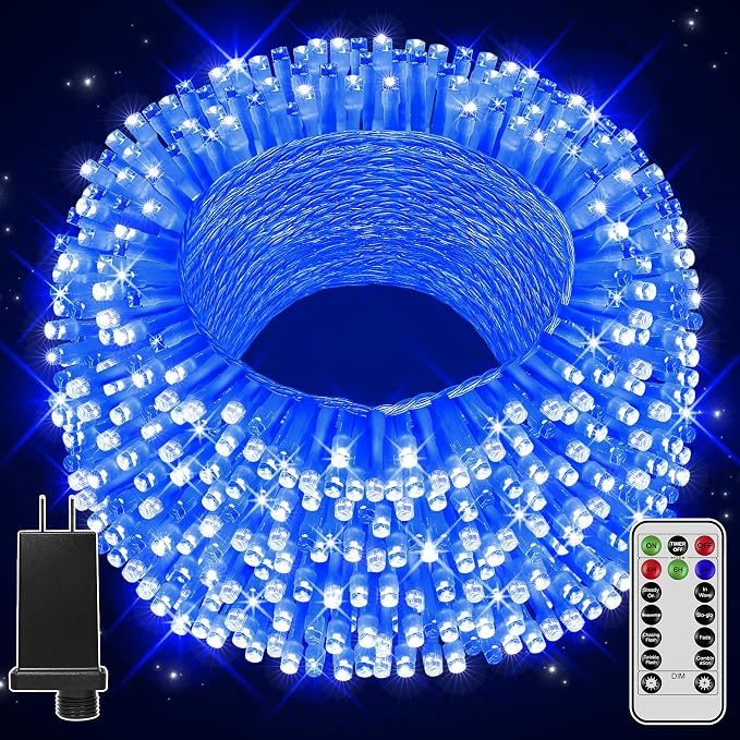 196FT 600 LED Christmas Lights Outdoor Waterproof, Timer & Memory Function, 8 Modes Blue String Lights Plug in Twinkle Lights for Xmas Tree Holiday Garden Indoor Party Decor