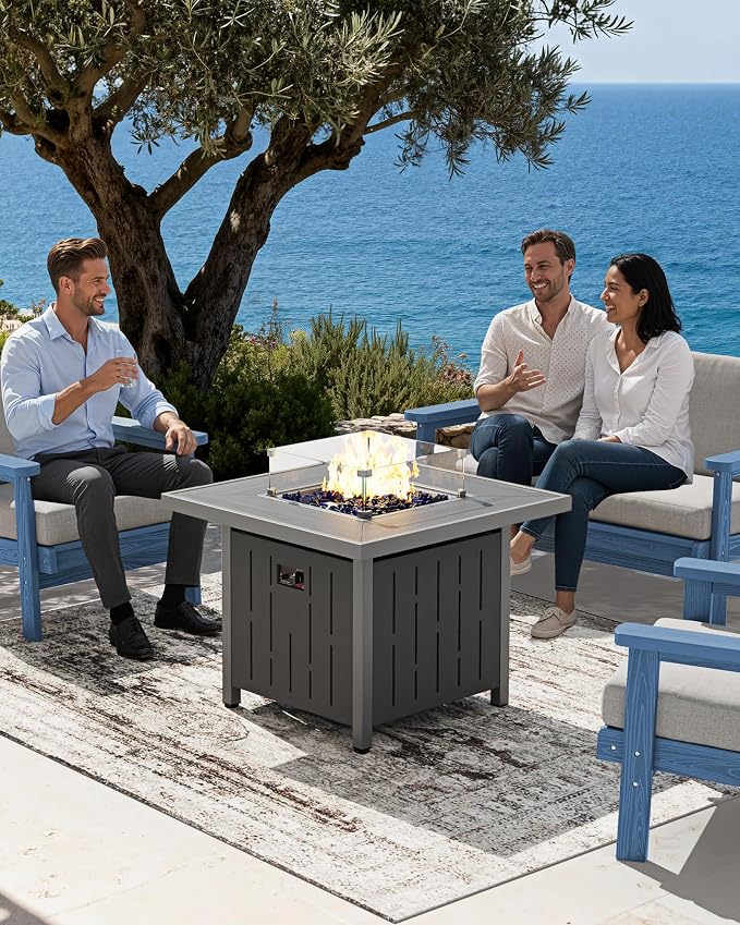 SERWALL Patio Furniture Set with 33” Fire Pit Table, HDPE Outdoor Sectional Sofa Set with Thickened Cushions, Grey Frame with Khaki Cushions