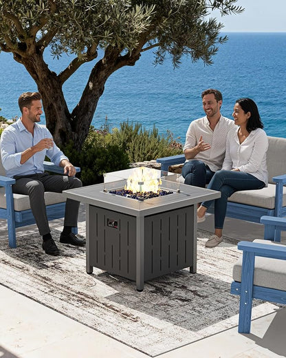 SERWALL Patio Furniture Set with 33” Fire Pit Table, HDPE Outdoor Sectional Sofa Set with Thickened Cushions, Grey Frame with Khaki Cushions