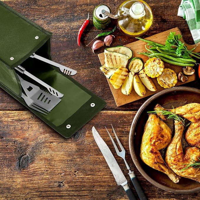 1 Pcs Grill Utensil Storage Bag BBQ Tool Holder Pouch,Amy Green | Oxford Cloth Foldable Design, Camping Hiking Organizer, Snap Closure Secure, Stands Upright or Flat, Portable Outdoor Pouch
