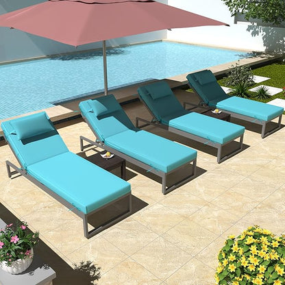 Chaise Lounge Cushions Outdoor Set of 2 Lounge Chair Cushion 72" L x 21" W with Headrest Straps 3'' Thick Waterproof Patio Chaise Cushions Pool Lounger Chair Cushion(Lake Blue)