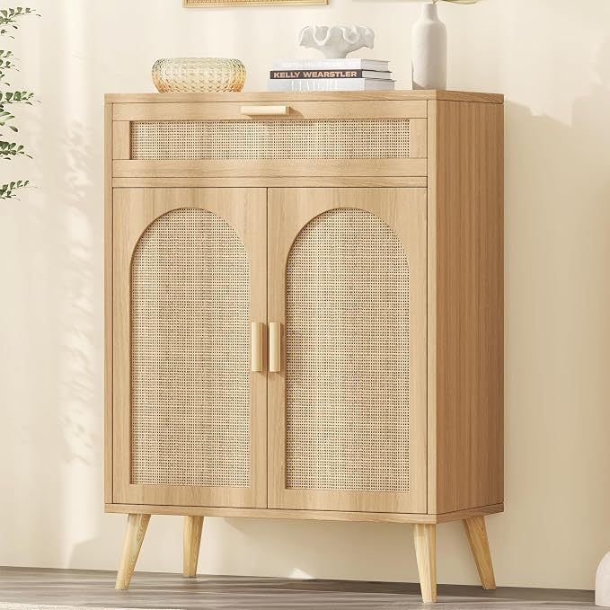 Keehusux Rattan Storage Cabinet with Drawer and 2 Doors, Natural Oak | Accent Sideboard Buffet Cabinet with Adjustable Shelf & Solid Wood Feets, Coffee Bar for Kitchen, Living Room, Entryway