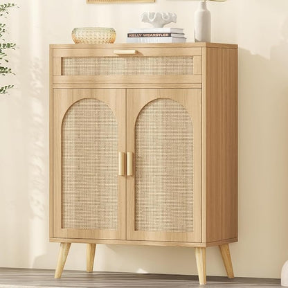 Keehusux Rattan Storage Cabinet with Drawer and 2 Doors, Natural Oak | Accent Sideboard Buffet Cabinet with Adjustable Shelf & Solid Wood Feets, Coffee Bar for Kitchen, Living Room, Entryway