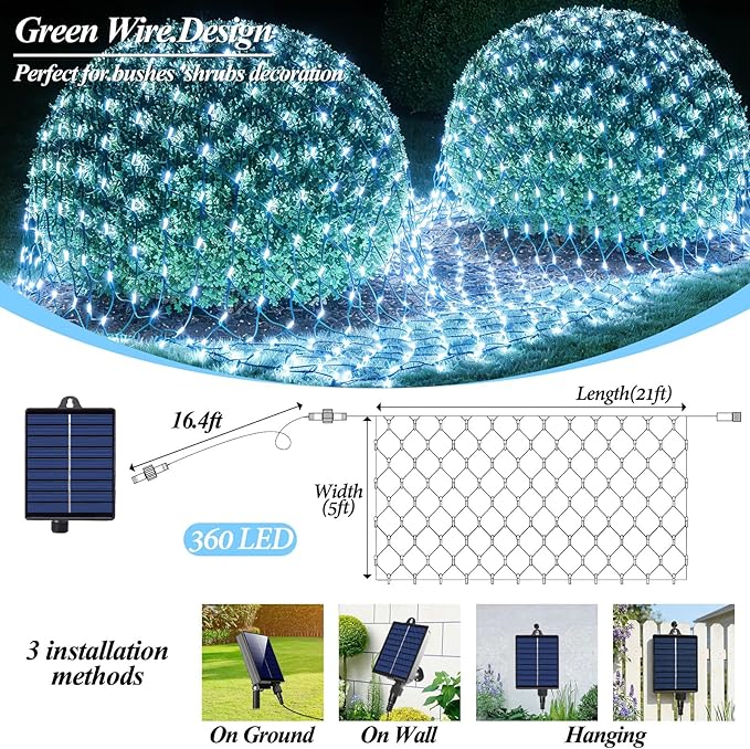 21ft x 5ft Solar Net Lights, 360LED Christmas Net Lights Solar & USB Powered, Waterproof Mesh String Lights 8 Modes Green Wire for Bushes Patio Garden Xmas Holiday Party Outdoor Decor (Cool White)