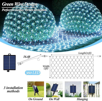 21ft x 5ft Solar Net Lights, 360LED Christmas Net Lights Solar & USB Powered, Waterproof Mesh String Lights 8 Modes Green Wire for Bushes Patio Garden Xmas Holiday Party Outdoor Decor (Cool White)