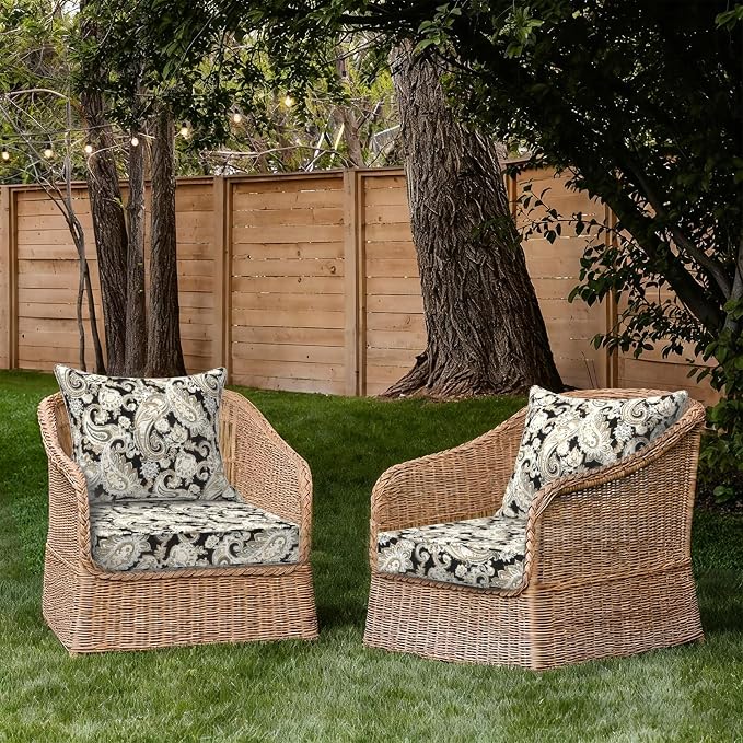 DYTXIII Outdoor Deep Seat Cushion Set, Water Repellent 24"x24" Patio Thick Cushions Replacement with Seat & Back Pillow for Patio Sofa, Wicker Chair, Couch - Paisley Black