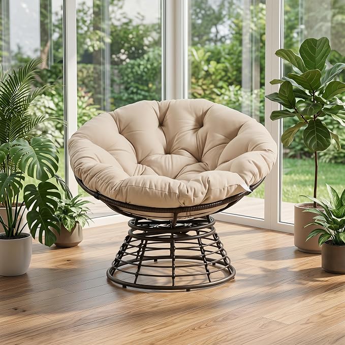 Cushion Papasan Swivel Chair, Ergonomic Wicker Round Chair with Thick Padding, Oversized Swivel Wicker Accent Chairs for Living Room, Bedroom, Reading Room, Balcony, Brown Frame, Beige