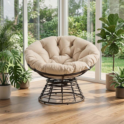 Cushion Papasan Swivel Chair, Ergonomic Wicker Round Chair with Thick Padding, Oversized Swivel Wicker Accent Chairs for Living Room, Bedroom, Reading Room, Balcony, Brown Frame, Beige