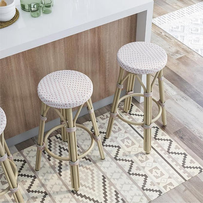 Seadrift Boho 26-inch Aluminum and All-Weather Wicker Barstools with Footrest, Patio Stools & Bar Chairs for Outdoor, Kitchen Counter, Poolside, Yard, Set of 2, White and Pink