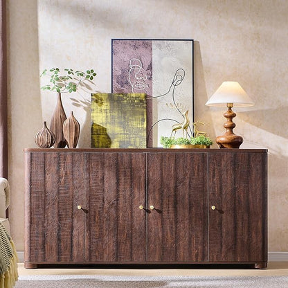 IFGET Curved Buffet Cabinet with Doors, 66" Large Sideboard Buffet Storage Cabinet with 4 Doors and Shleves, Modern Coffee Bar Station Wood Kitchen Table for Kitchen, Dining Room, Borwn