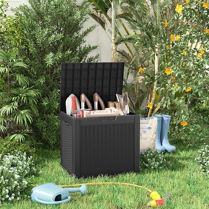 PatioZen 31 Gallon Wicker Pattern Resin Deck Box, Lockable Patio Outdoor Storage Box for Furniture, Garden Tools and Tools Storage, Waterproof Outside Storage Box - Black
