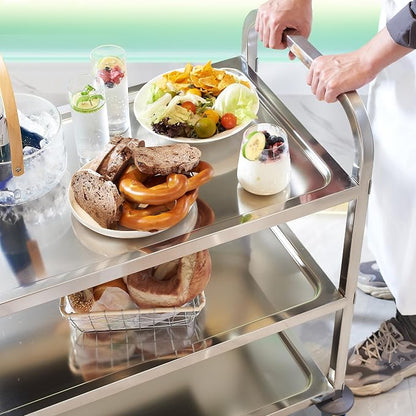 Stainless Steel Serving Trolley, 34" L x 18" W x 36" H 3 Tiered Shelf Kitchen Utility Cart, Rolling Casters Brake Wheel, Commercial Pro for Restaurant/Hotel/Lab/Clinic/Salon/Workshop