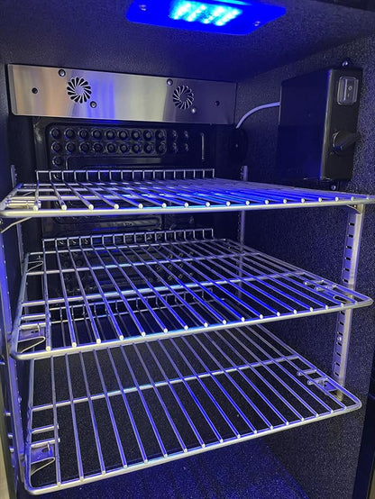 Mont Alpi Premium 27"H x 18.5"D x 17.5"D Stainless Steel All Weather Outdoor Refrigerator 2.7 cu. ft. Glass Door Fridge with Temperature Control + Lockable Door + Adjustable Shelves + Blue Lighting