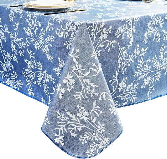 LIBERECOO Vinyl Tablecloth with Flannel Backing –Indigo Botanical Charm, Waterproof, Wipeable, Durable Table Cover – 4 Colors