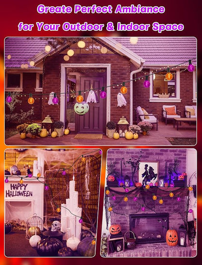 SUNSGNE G40 LED Outdoor Halloween String Lights 25FT Globe String Lights with 27 LED Shatterproof Clear Orange Purple Lights(2 Spare) for Patio Balcony Backyard Pergola Decor