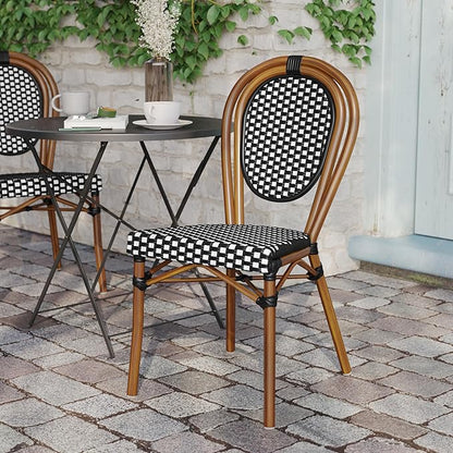 Flash Furniture Lourdes Indoor/Outdoor Commercial Thonet Bistro Stack Chair - Black/White PE Rattan Back and Seat - Natural Bamboo Print Metal Frame