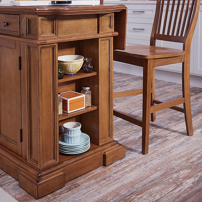 Homestyles Americana Cottage Oak 3-Piece Kitchen Island Set with Hardwood Drop Leaf Top and Two Counter Stools