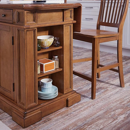 Homestyles Americana Cottage Oak 3-Piece Kitchen Island Set with Hardwood Drop Leaf Top and Two Counter Stools