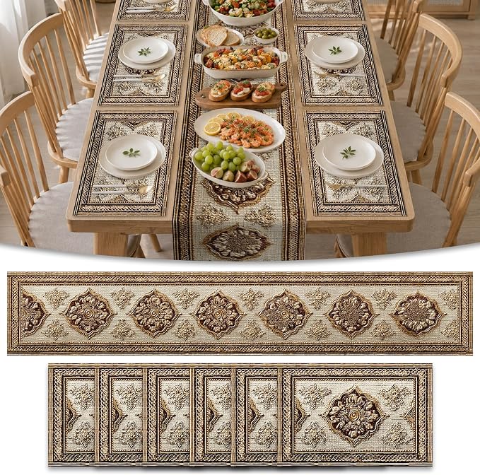 Nuxovilar Square placemats Set of 7 Table Runner and placemats Pink Floral&Vintage Pattern Linen-Cotton Tablerunner(72X13inch)&6 Placemats(11.8X17.7) Table Setting Supplies Cafe,Family Dinner