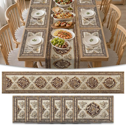 Nuxovilar Square placemats Set of 7 Table Runner and placemats Pink Floral&Vintage Pattern Linen-Cotton Tablerunner(72X13inch)&6 Placemats(11.8X17.7) Table Setting Supplies Cafe,Family Dinner