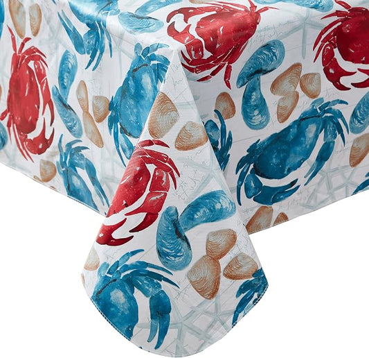 Newbridge Stone Crab Summer Vinyl Flannel Backed Tablecloth, 60 x 102 Inch Rectangle, Coastal Crab Print, Waterproof Indoor Outdoor Table Cover, Beach House Nautical Seafood Boil Patio Dining