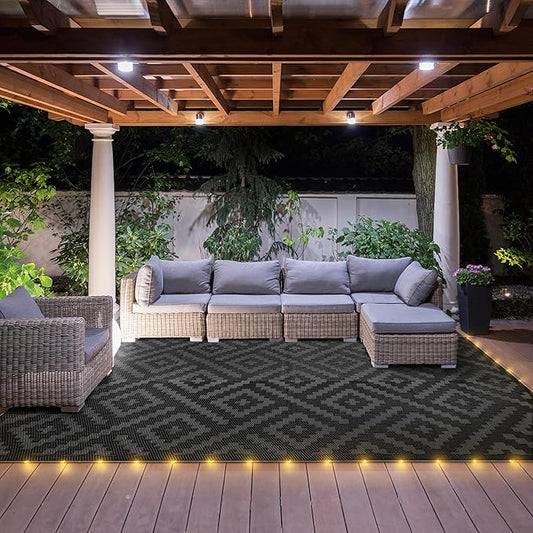 GENIMO Outdoor Rug, Waterproof Plastic Rugs for Patio, 8'x10' LED Dark Grey | Outside Larger Modern Carpet Mat for Porch Decor, Deck, Balcony, Camping, RV, Backyard, Picnic, Beach, Reversible, Foldable