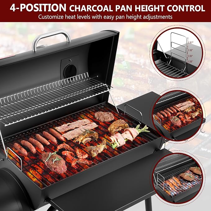 Charcoal Grill with Offset Smoker, 744.5 Sq. In. Outdoor BBQ Grill | Side fire box, 4-position adjustable charcoal pan, thermometer, warming rack, side table, wheels and storage rack