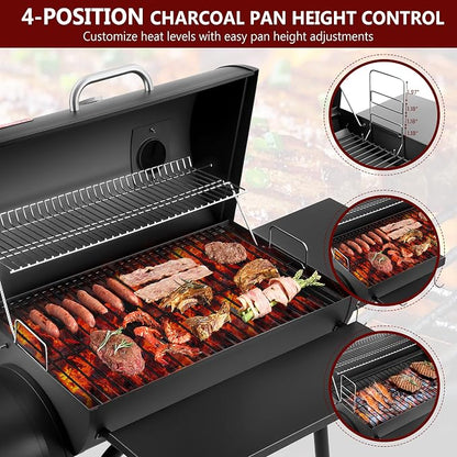 Charcoal Grill with Offset Smoker, 744.5 Sq. In. Outdoor BBQ Grill | Side fire box, 4-position adjustable charcoal pan, thermometer, warming rack, side table, wheels and storage rack