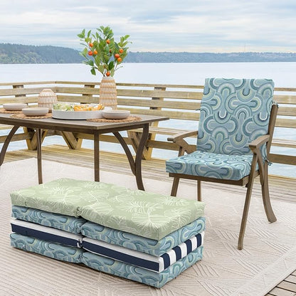 Arden 2-Pack Outdoor Patio Dining Chair Cushion, 20x44, Rain-Proof Seat Pad, Fade-Resistant Outdoor Cushion Coastal Blue Geometric