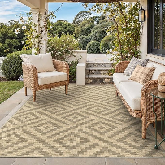 GENIMO Outdoor Rug, Waterproof Plastic Rugs for Patio, 5'x8' Oat Beige | Outside Larger Modern Carpet Mat for Porch Decor, Deck, Balcony, Camping, RV, Backyard, Picnic, Beach, Reversible, Foldable