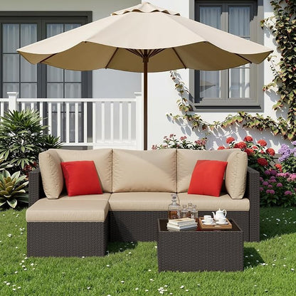 Shintenchi 5 Pieces Patio Furniture Sets Outdoor All-Weather Sectional Patio Sofa Set PE Rattan Manual Weaving Wicker Patio Conversation Set with Glass Table&Ottoman Cushion and Red Pillows, Beige