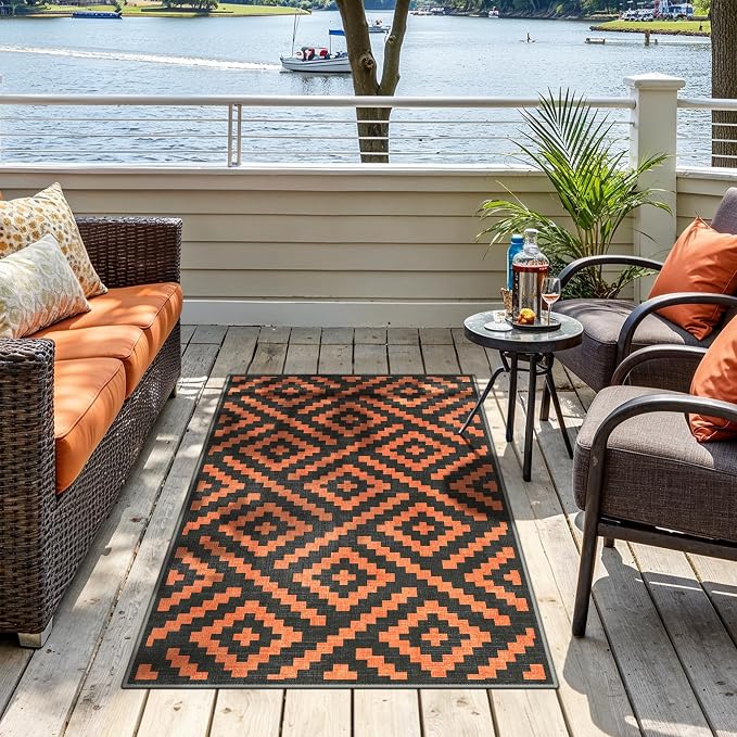GENIMO Outdoor Rug 3'x5' Waterproof for Porch, Plastic Door Mat Orange Noir | Outside Modern Carpet for Patio Decor, Balcony, Deck, Backyard, Picnic, Camping, RV, Reversible, Foldable, Lightweight