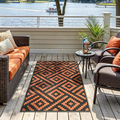 GENIMO Outdoor Rug 3'x5' Waterproof for Porch, Plastic Door Mat Orange Noir | Outside Modern Carpet for Patio Decor, Balcony, Deck, Backyard, Picnic, Camping, RV, Reversible, Foldable, Lightweight