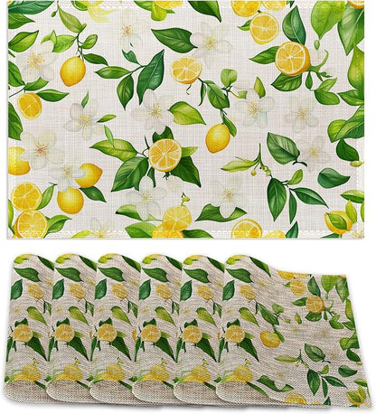 Placemats12x18 Inch,Lemons Flower Placemats,Green Leaf Kitchen Dining Coffee Table Mats Set of 6 for Home Indoor Outdoor Party