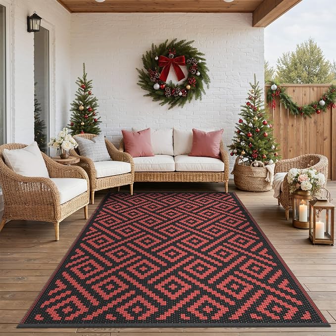 GENIMO Outdoor Rug, Waterproof Plastic Rugs for Patio, 6'x9' Red Grey | Outside Larger Modern Carpet Mat for Porch Decor, Deck, Balcony, Camping, RV, Backyard, Picnic, Beach, Reversible, Foldable