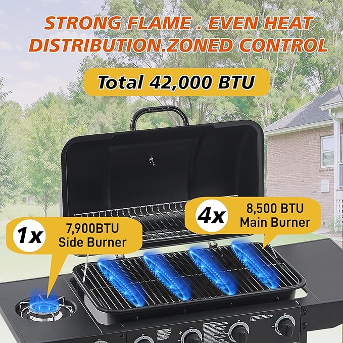 Outdoor Gas Grill with 6 Burners & Side Burner 59000 BTU Stainless Steel BBQ Grill Enamel-Coated Grates Side Tables for Backyard Patio Cooking Charcoal Grills & Smokers,A4