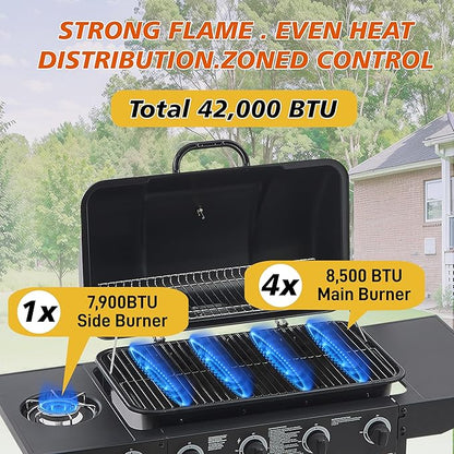 Outdoor Gas Grill with 6 Burners & Side Burner 59000 BTU Stainless Steel BBQ Grill Enamel-Coated Grates Side Tables for Backyard Patio Cooking Charcoal Grills & Smokers,A4