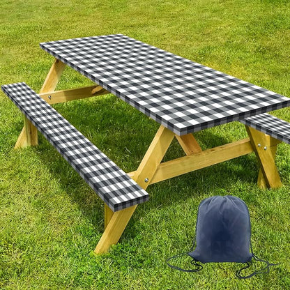 Picnic Table Cover with Bench Covers, Washable Tablecloth for 6 Foot Rectangle Tables – 72"x30" Waterproof Elastic Fitted Black and White Checkered Camping Tablecloth for Outdoor Use