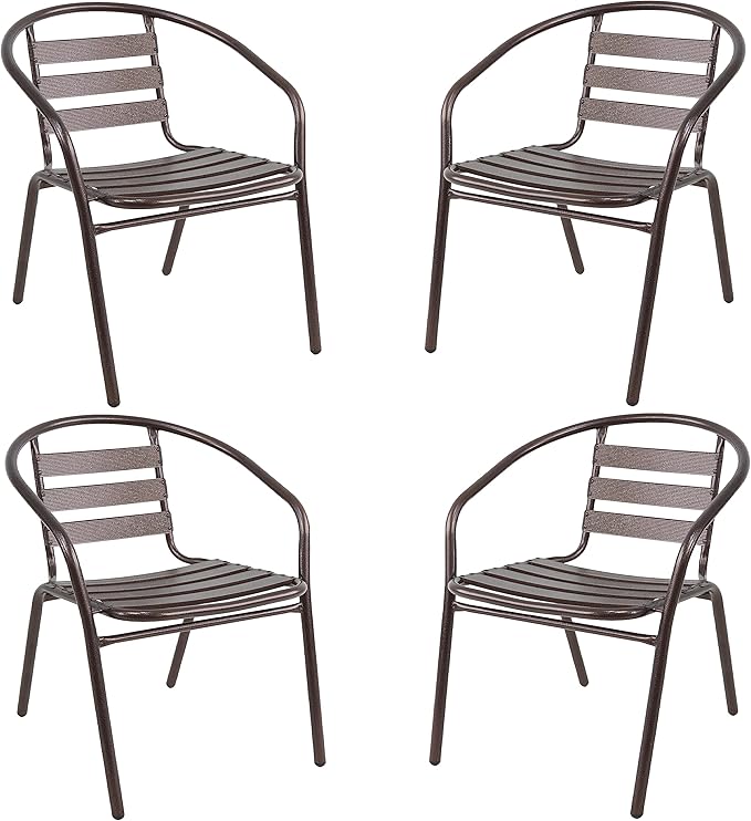 BTEXPERT Lightweight Indoor Outdoor 23.75" Restaurant Stainless Steel Metal Aluminum Slat Stack Commercial, 4 Chairs with a Square Table, Silver/Bronze