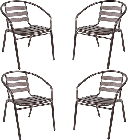 BTEXPERT Lightweight Indoor Outdoor 23.75" Restaurant Stainless Steel Metal Aluminum Slat Stack Commercial, 4 Chairs with a Square Table, Silver/Bronze