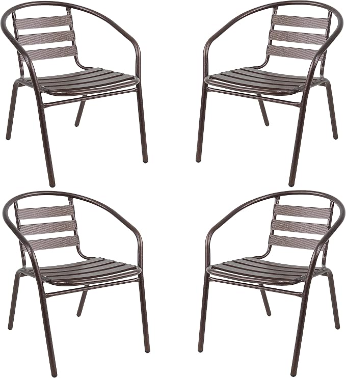 Indoor Outdoor Set of 4 Bronze Restaurant Metal Aluminum Slat Stack Chairs Lightweight