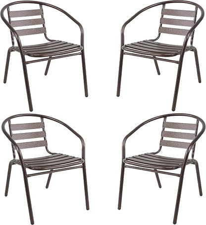 Indoor Outdoor Set of 4 Bronze Restaurant Metal Aluminum Slat Stack Chairs Lightweight