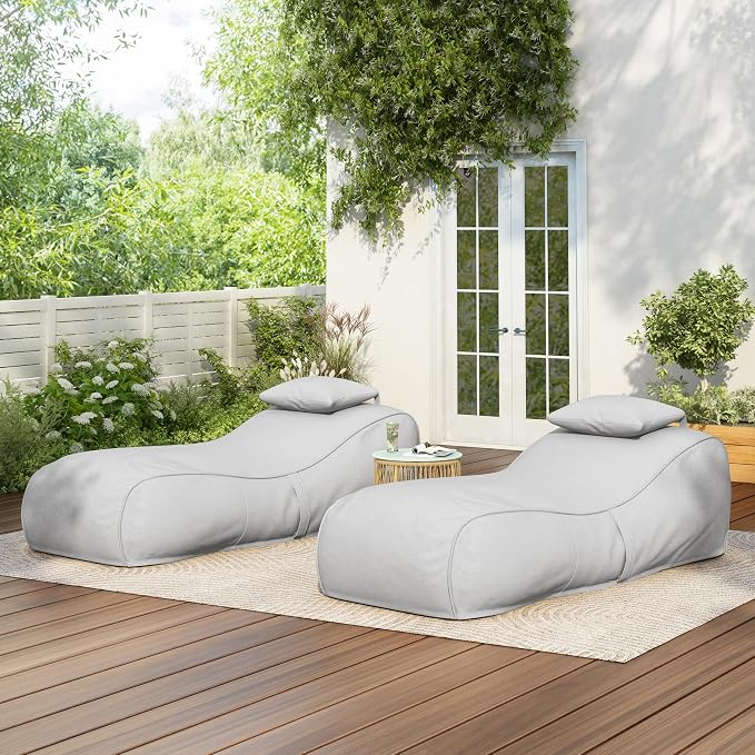 Christopher Knight Home Morton Outdoor Bean Bag Chair Set of 2, Fabric Bean Bag Chair for Adults and Kids, Indoor/Outdoor Sun Lounger with Headrest, Patio Chaise Lounge Chair Set of 2, Light Gray