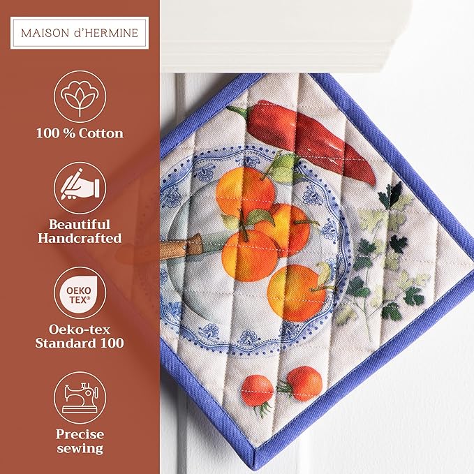 Maison d' Hermine Pot Holders 100% Cotton Heat Resistant Potholders 8" x 8" Hot Pads with Loop BBQ Cooking Baking Hotel Farmhouse Kitchen Handling Hot Pans Spring Summer (Pack of 1, Gourmand)